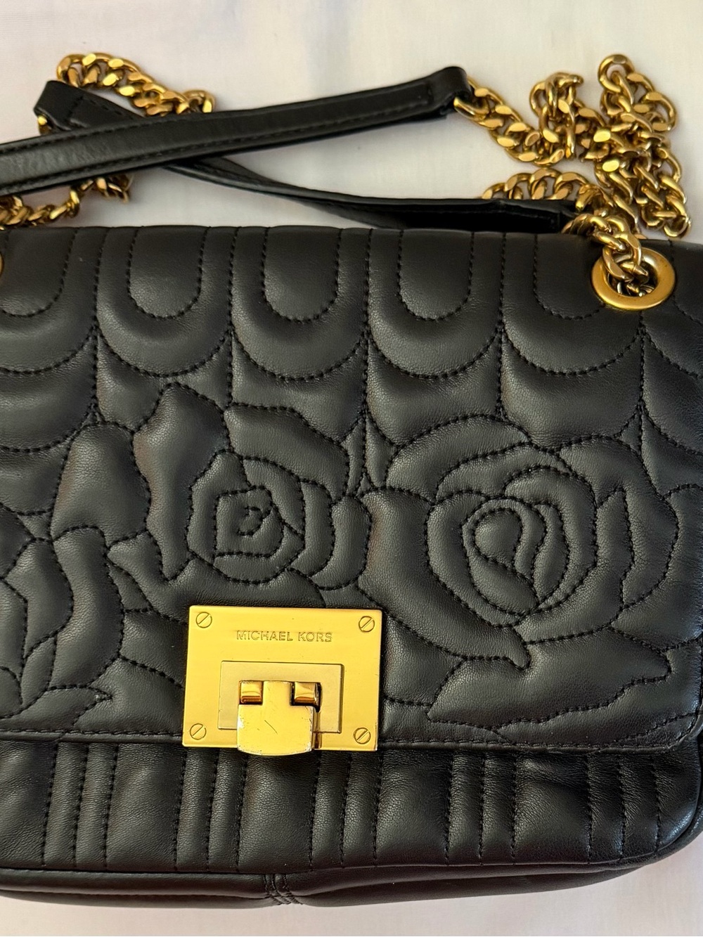 Michael Kors Black Quilted Floral Leather Chain Shoulder Bag Gold Medium - Picture 7 of 7
